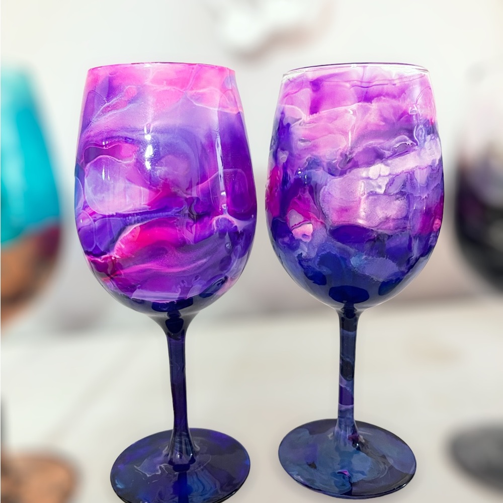 Set of 2- Handmade alcohol ink resin wine glasses